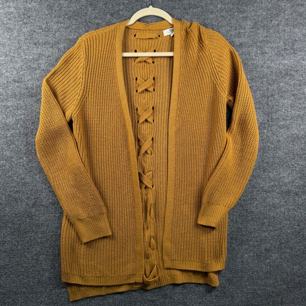 Pinque Womens Large Mustard Yellow Lace Up Back Shaker Knit Open Cardigan Boho